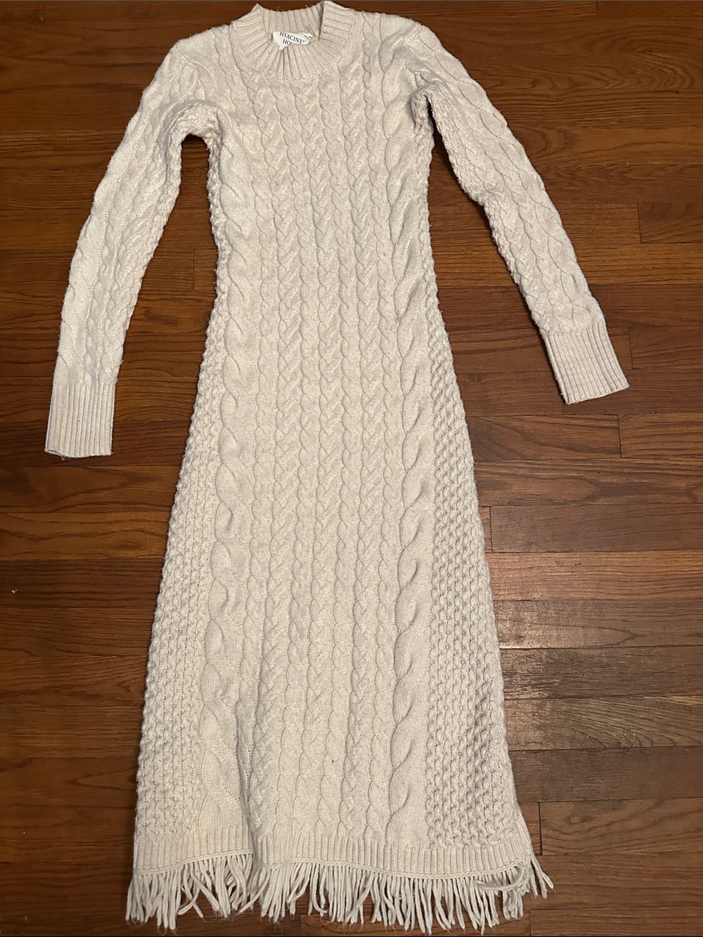 Hyacinth Cable Knit Fringe Midi Dress - Ivory xxs